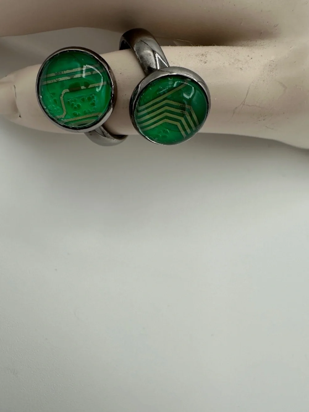 Adjustable Bypass Ring Dual-Cabochon Design Upcycled Green Circuit Boards